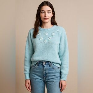 Vintage Baby Blue Floral Embroidered Sweater Women’s M Soft Knit Cottagecore